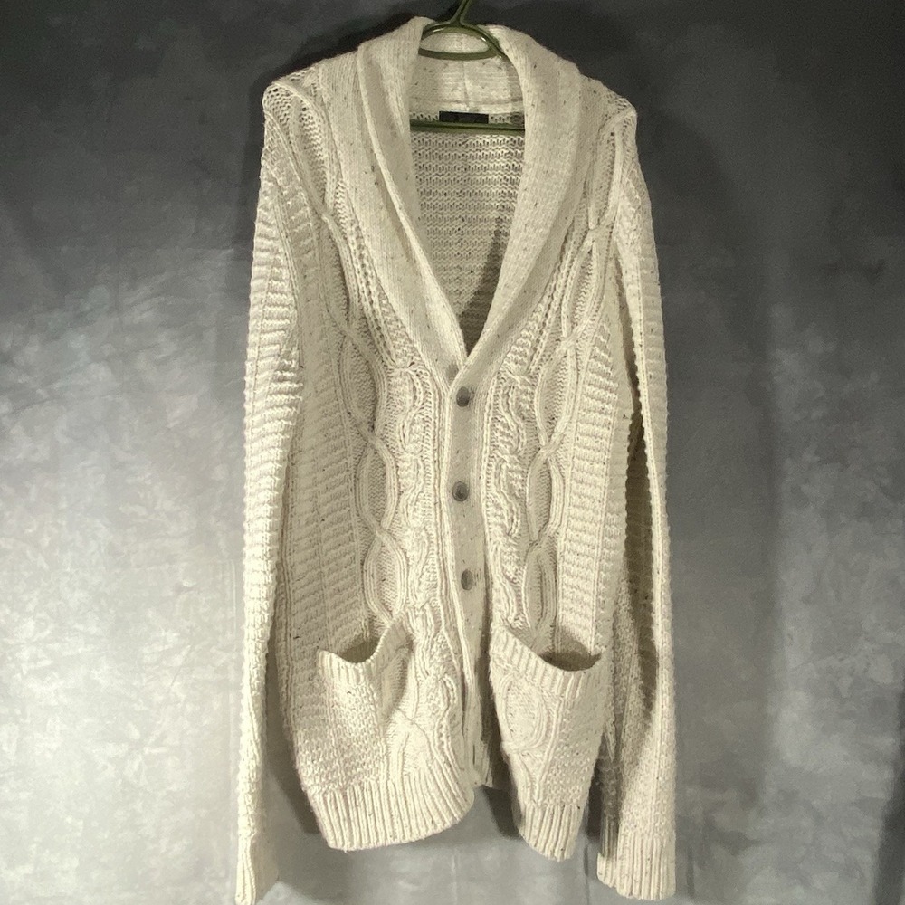 RW & Co Cardigan Off White Sweater Knit Shawl Collar Wool Blend Chunky Medium